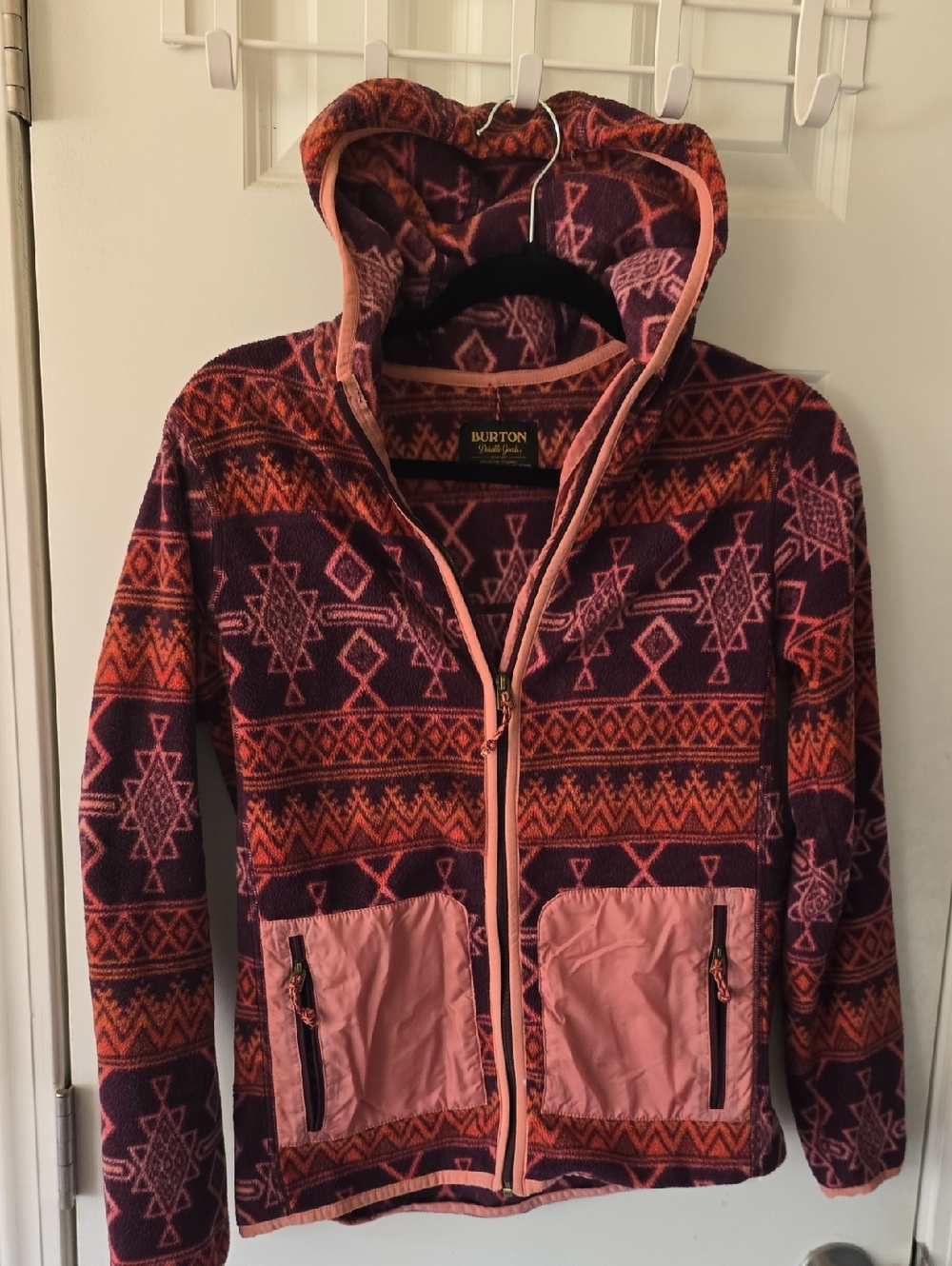 Burton Pink & Purple Patterned Hooded Teddy Fleece Jacket- Size XS